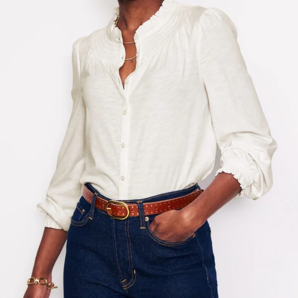 Boden Fay Smocked Jersey Shirt White Sleeve smocked Collar Blouse